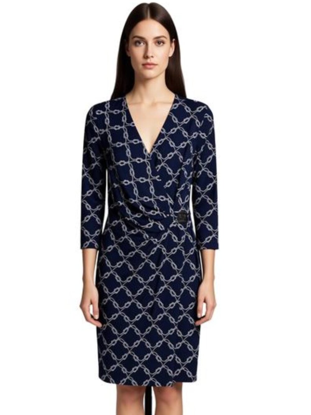 Anne Klein Blue 3/4 Sleeve Faux Wrap Dress-Nautical Rope Pattern